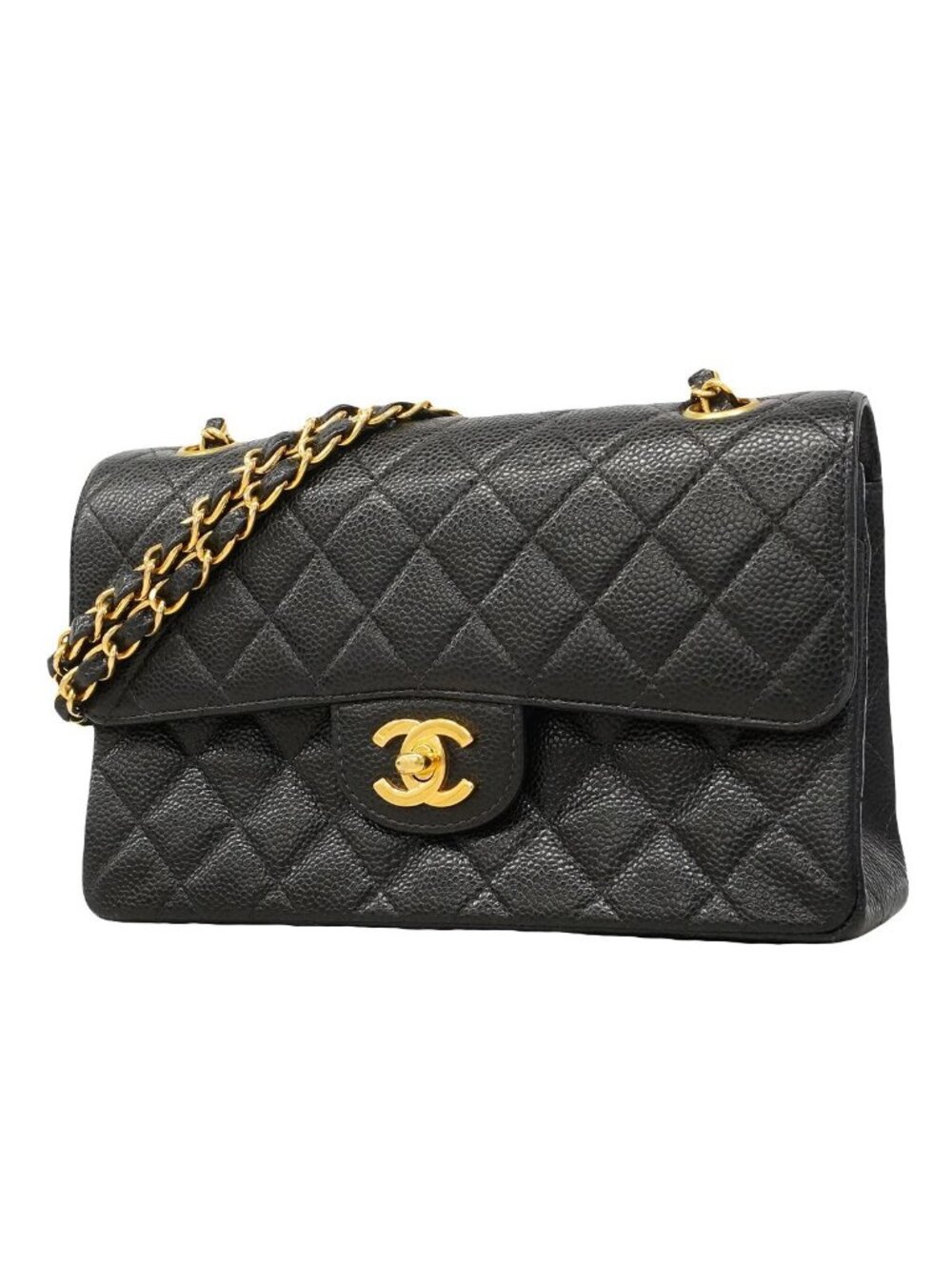 Chanel Shoulder Bag Quilted Caviar Leather Black Gold